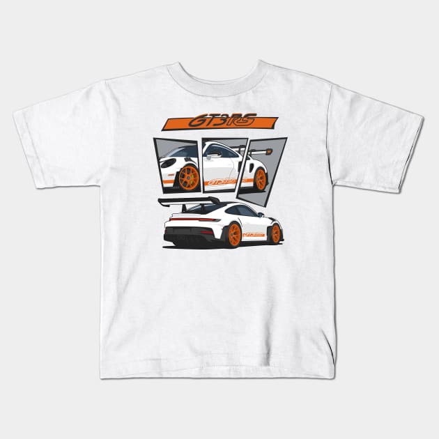 car 911 gt3 rs racing edition detail white orange Kids T-Shirt by creative.z